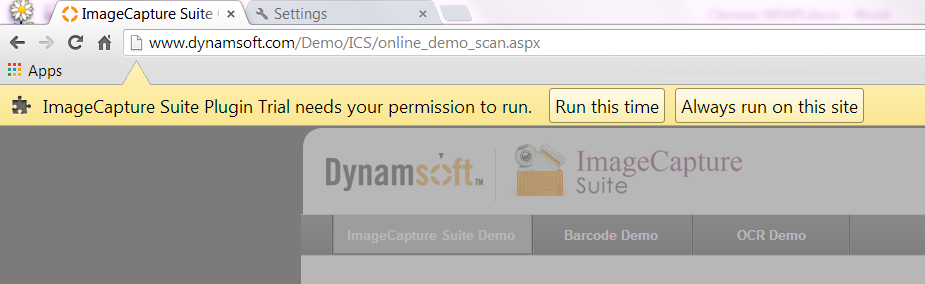 Chrome prompt: Plugin needs your permission to run.