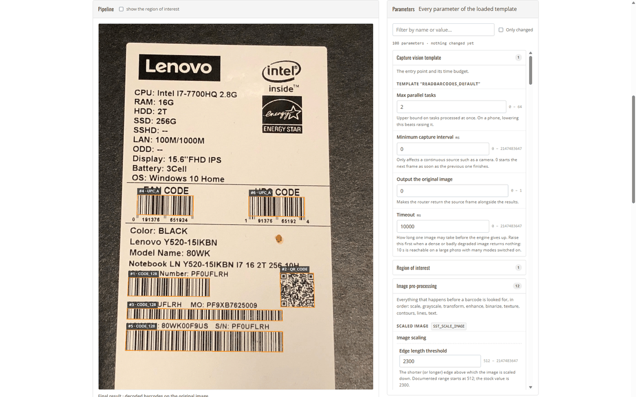 Free Online Barcode Reader Parameter Tuner screenshot