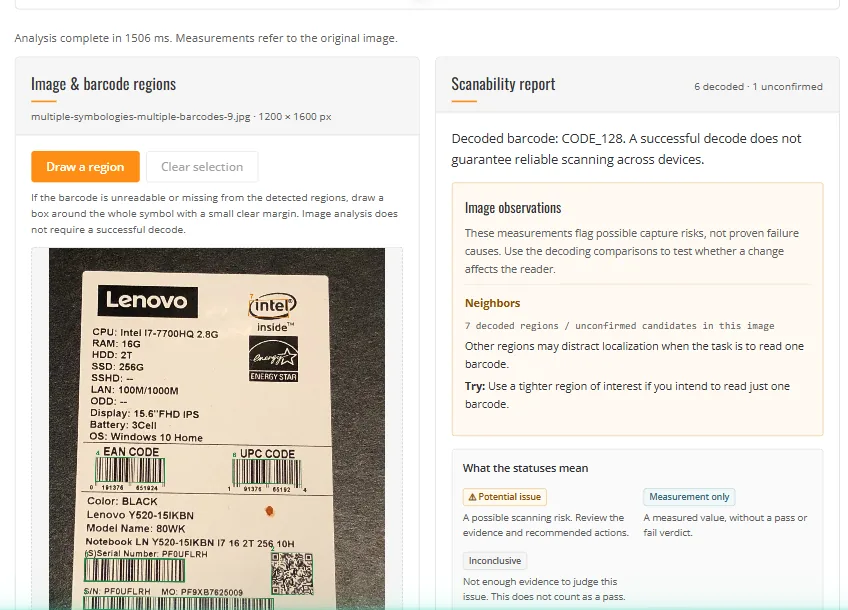 Barcode Scanability Analyzer showing a product label, detected barcode regions and an image observations report