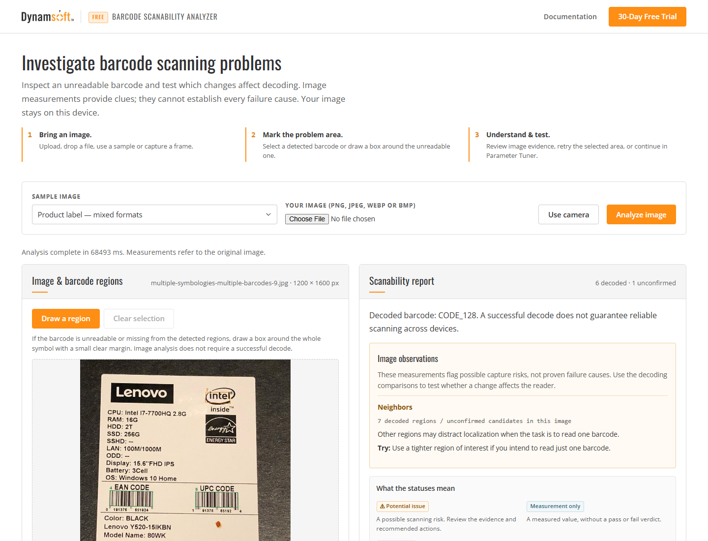 Free Online Barcode Scanability Analyzer screenshot