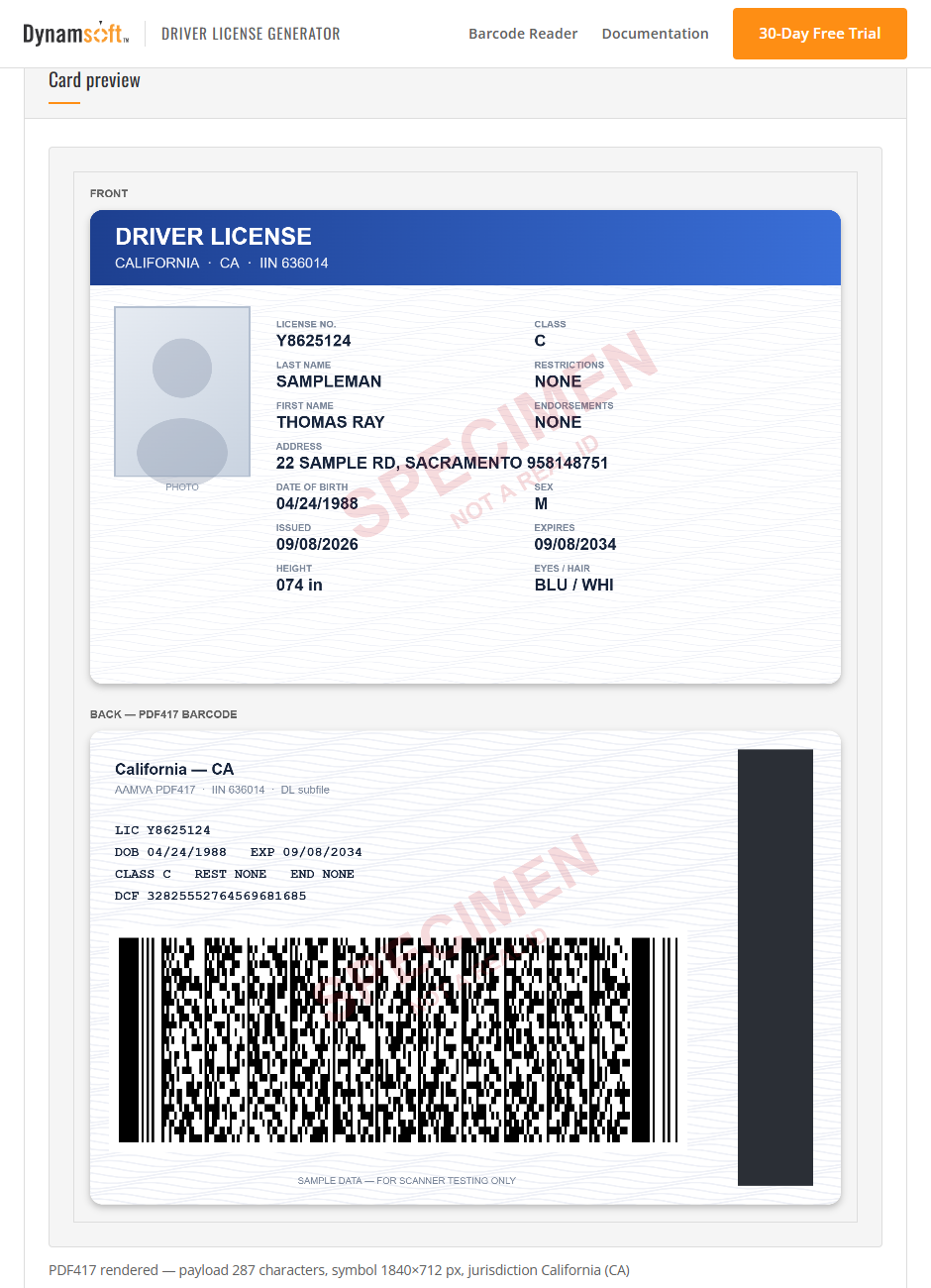 Free Online AAMVA Driver License Generator screenshot