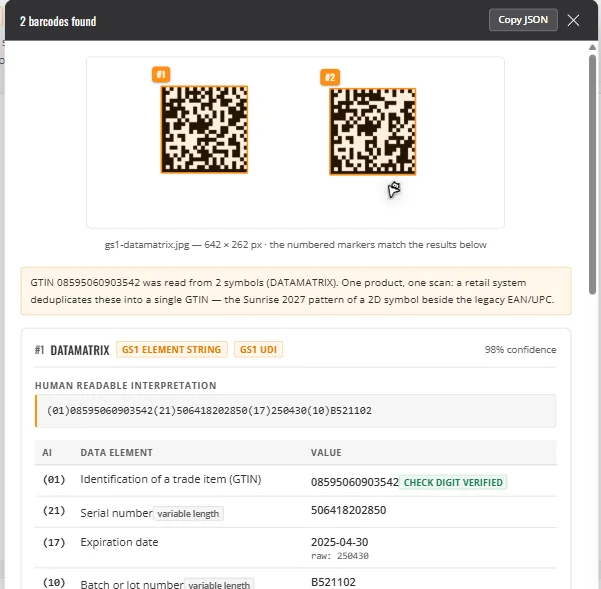GS1 Barcode Scanner showing two synthetic DataMatrix symbols and parsed GTIN, serial number, expiry date and batch