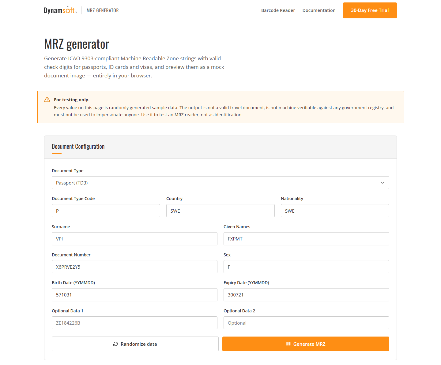 Free Online MRZ Generator + Synthetic Test Dataset screenshot