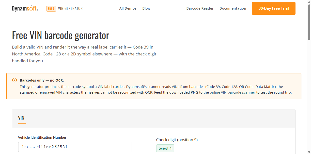 Free Online VIN Barcode Generator screenshot