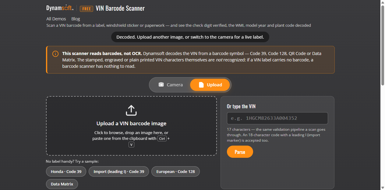 Free Online VIN Barcode Scanner screenshot