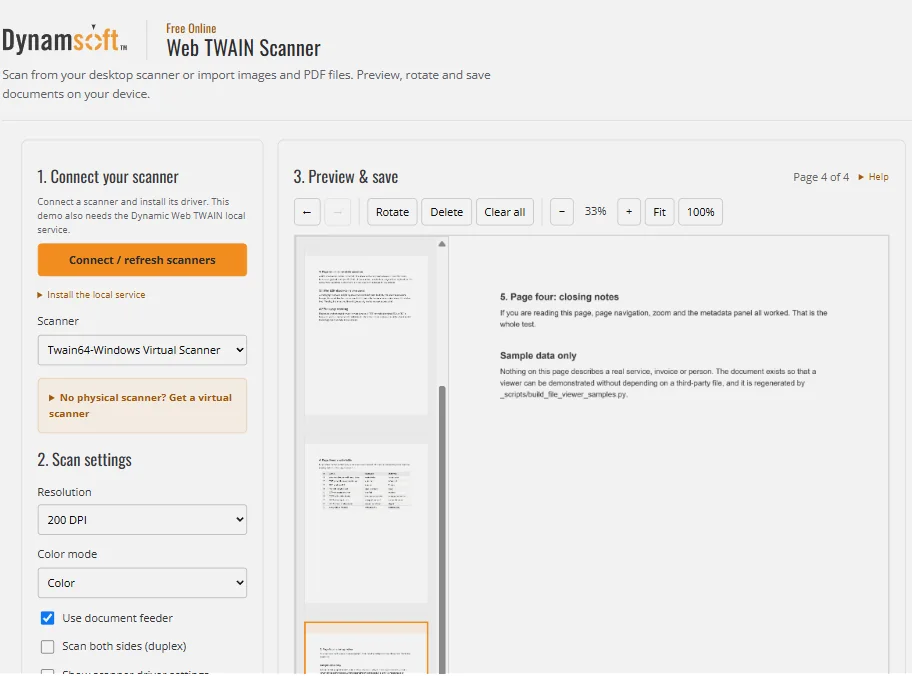 Web TWAIN Scanner showing four imported PDF pages in the thumbnail strip and page four in the preview