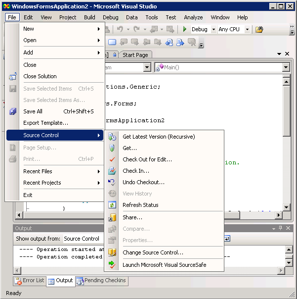 Access SourceSafe functions through File menu