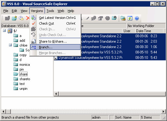 Branch shared files using versions menu