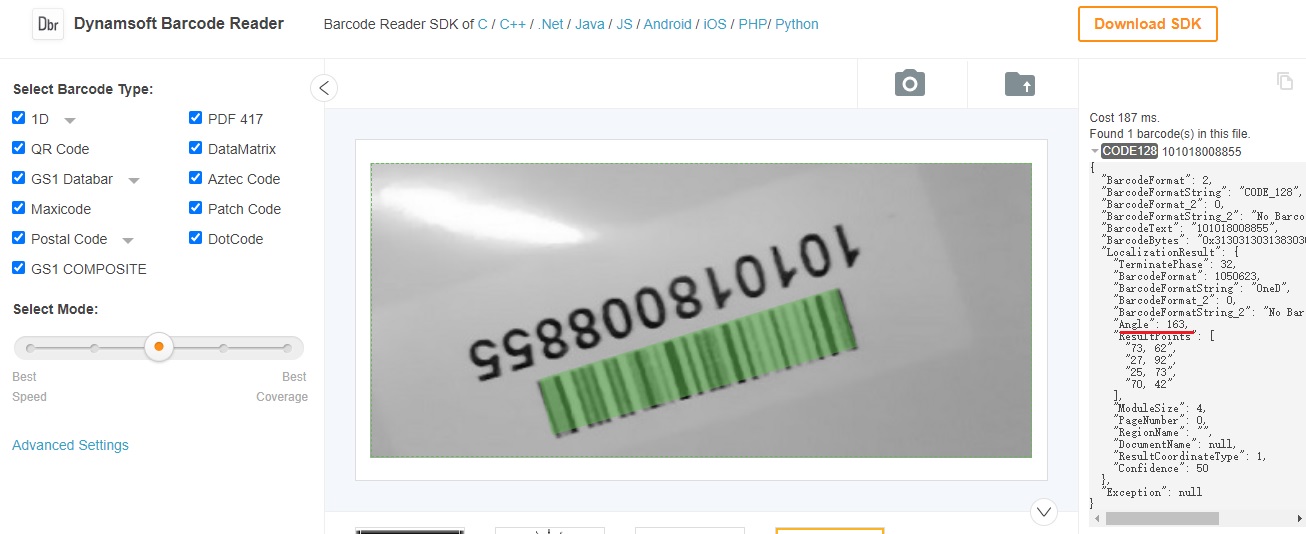 Skewed Image 2 Barcode Reading Result