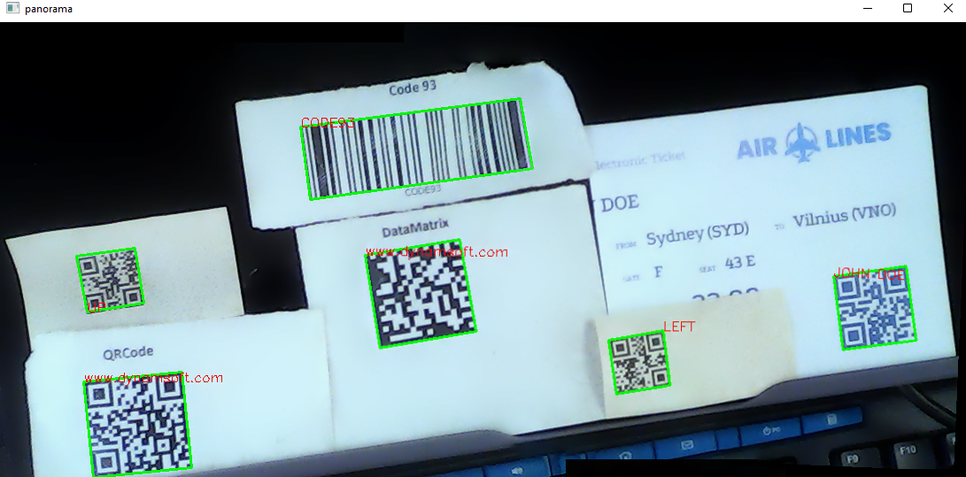 Python barcode and QR code reader with panorama stitching