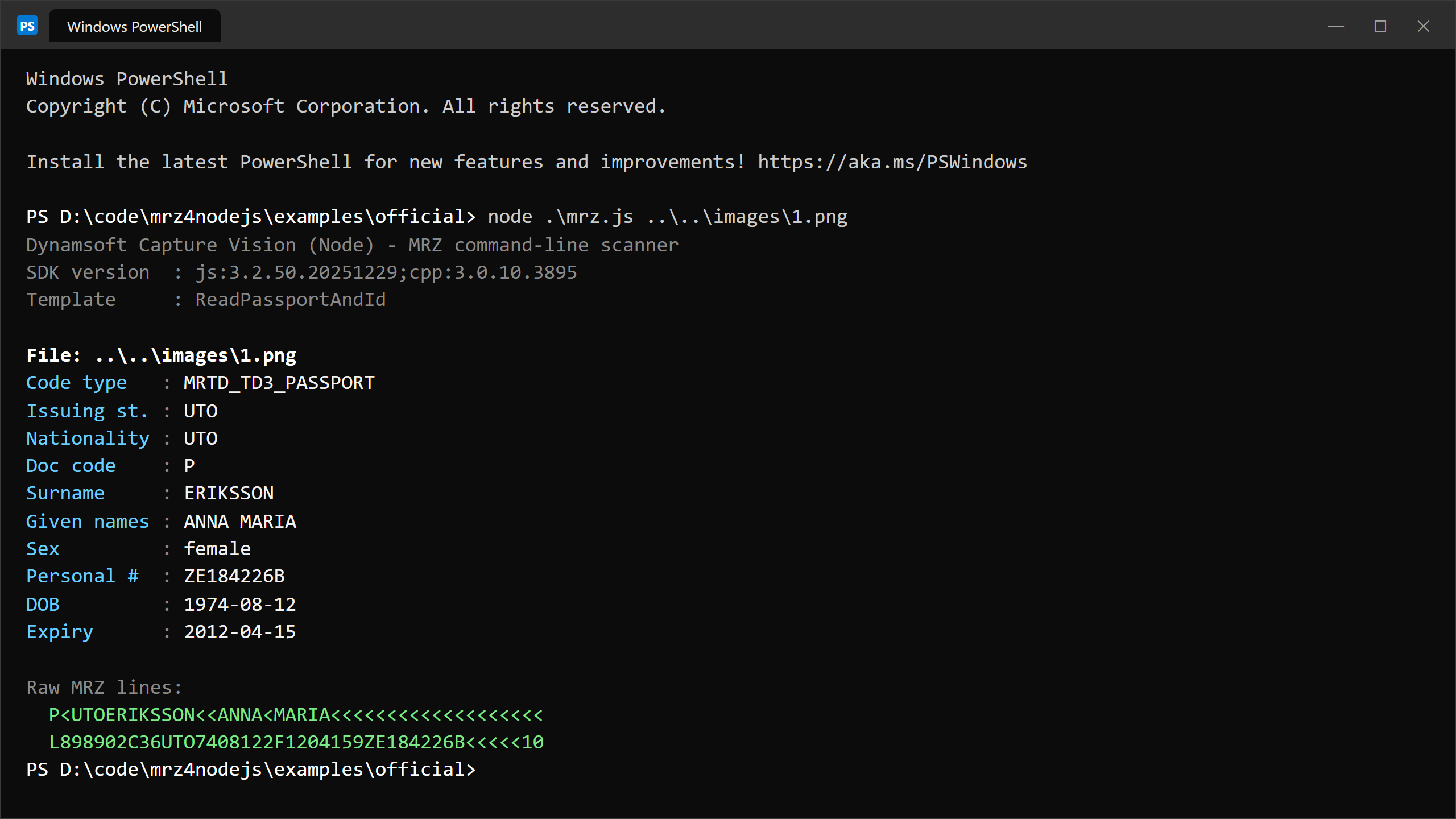 Node.js MRZ scanner terminal output
