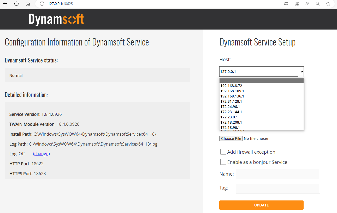 Dynamsoft Service default IP