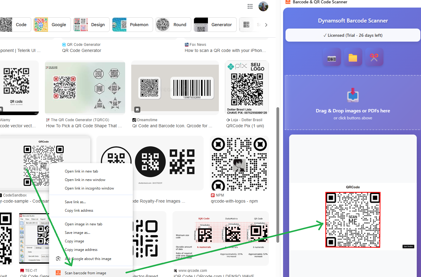 Context menu barcode reading