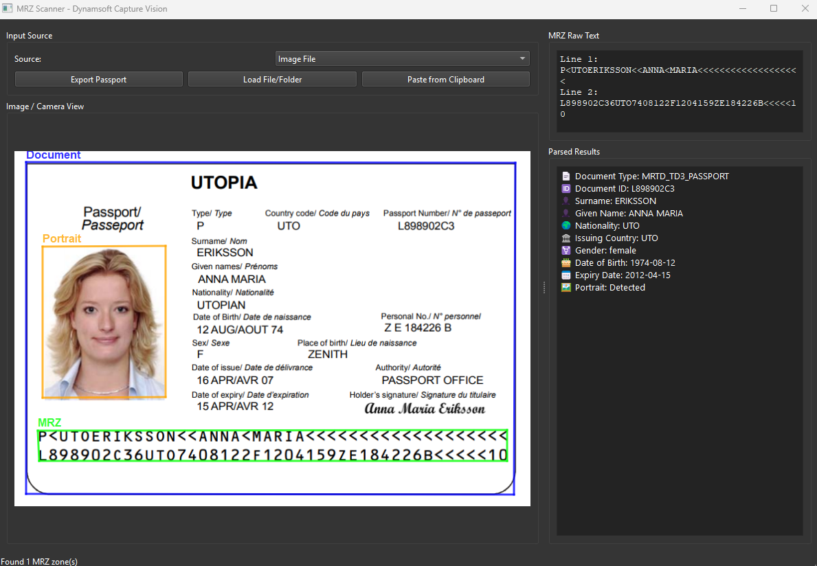 Python passport scanner with portrait, MRZ and document detection