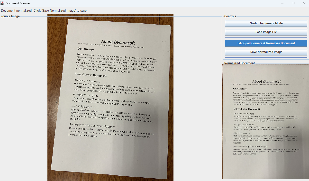 Java document scanner desktop app — detected quad overlay and normalized output