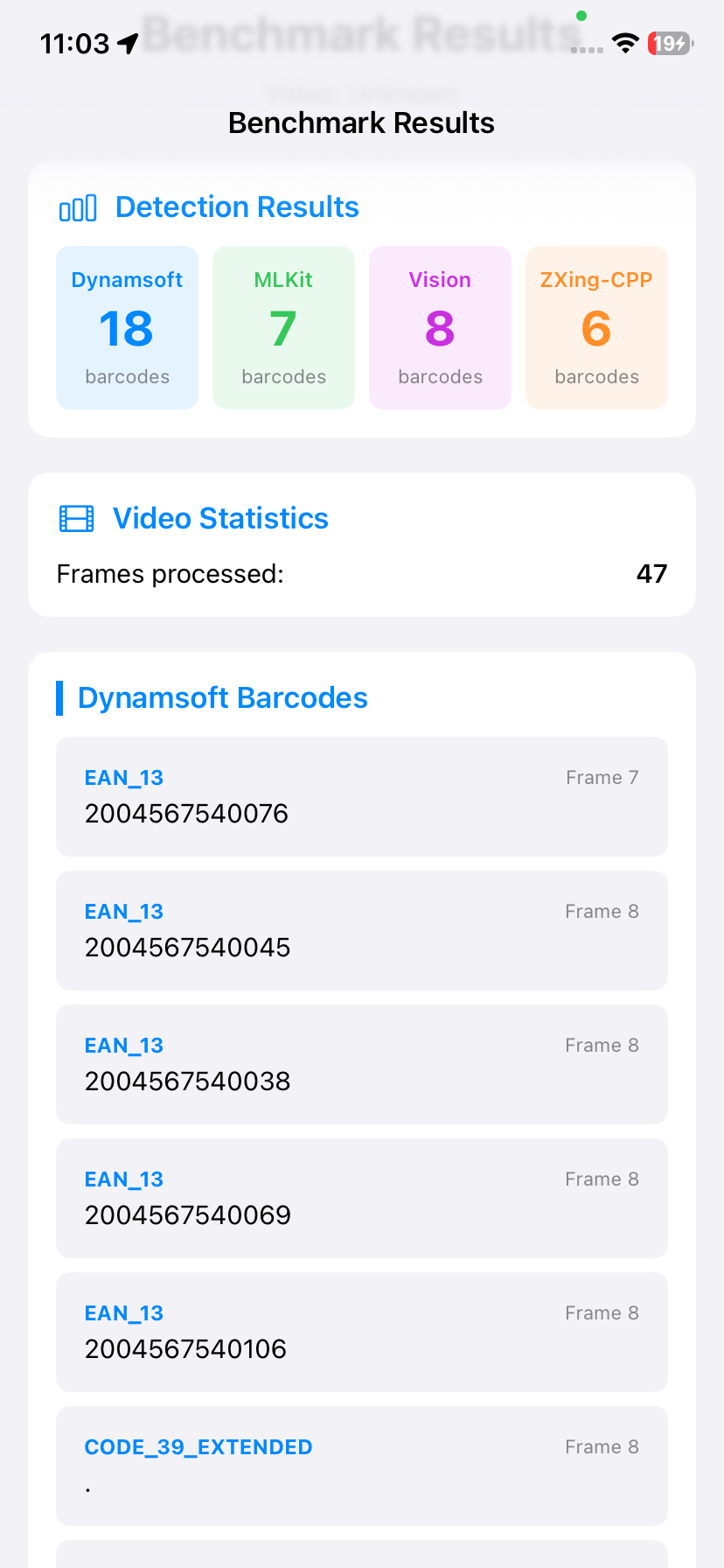 iOS barcode detection benchmark from video files