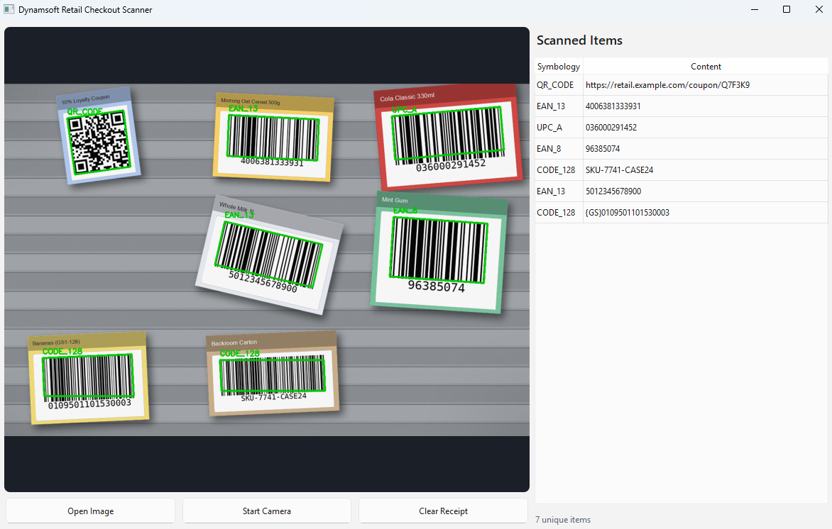 Retail self-checkout frame with live EAN-13, UPC-A, EAN-8, Code 128, GS1-128, and QR overlays