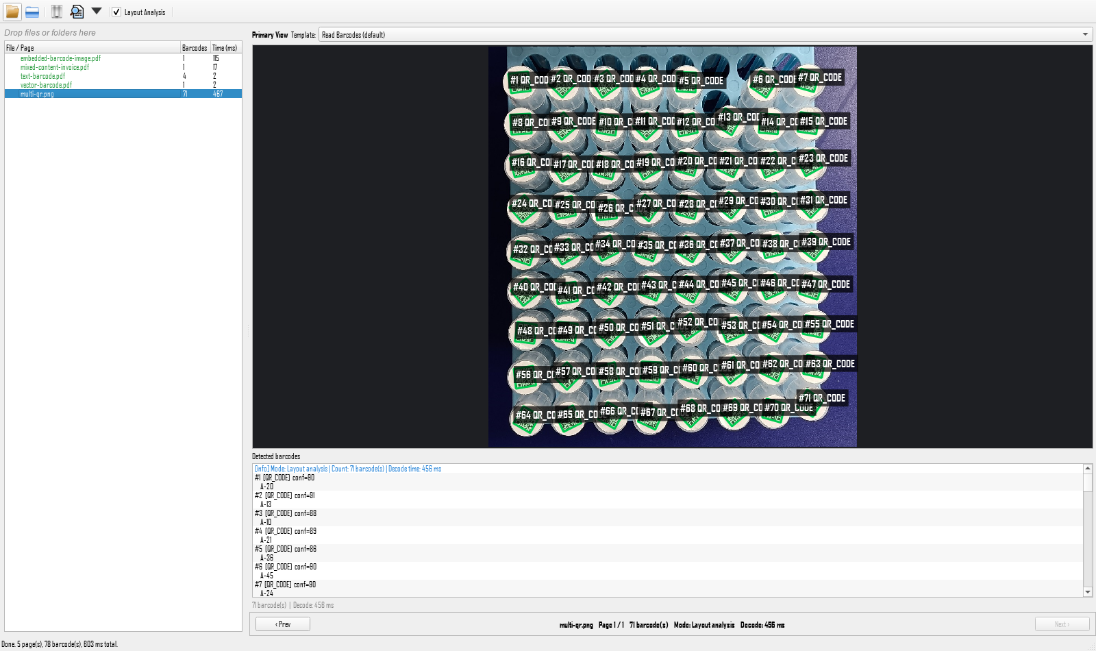 GUI layout analysis mode decoding 71 QR codes