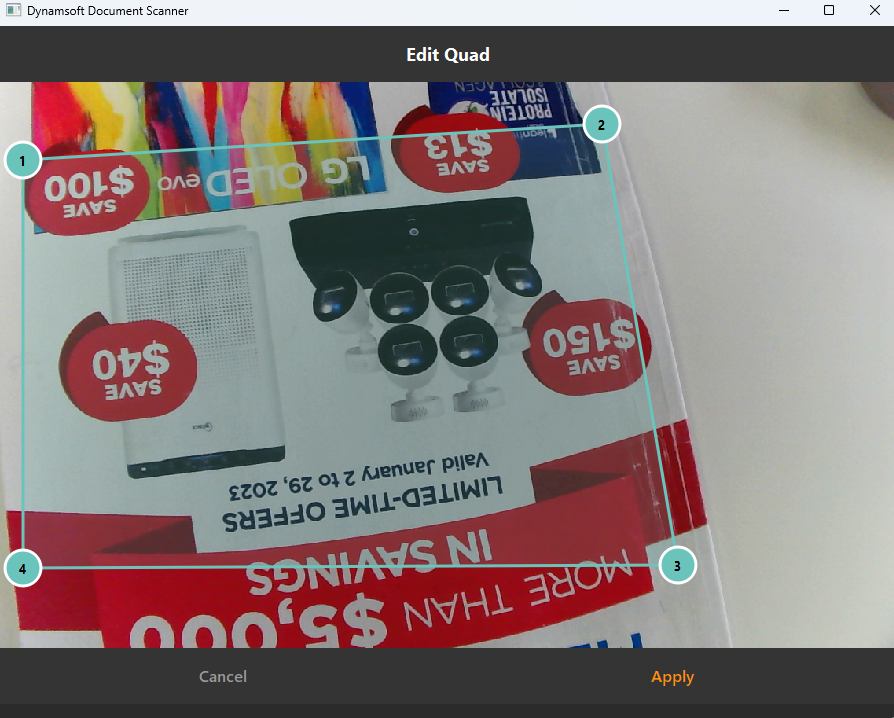 Document editor with quad adjustment and filters