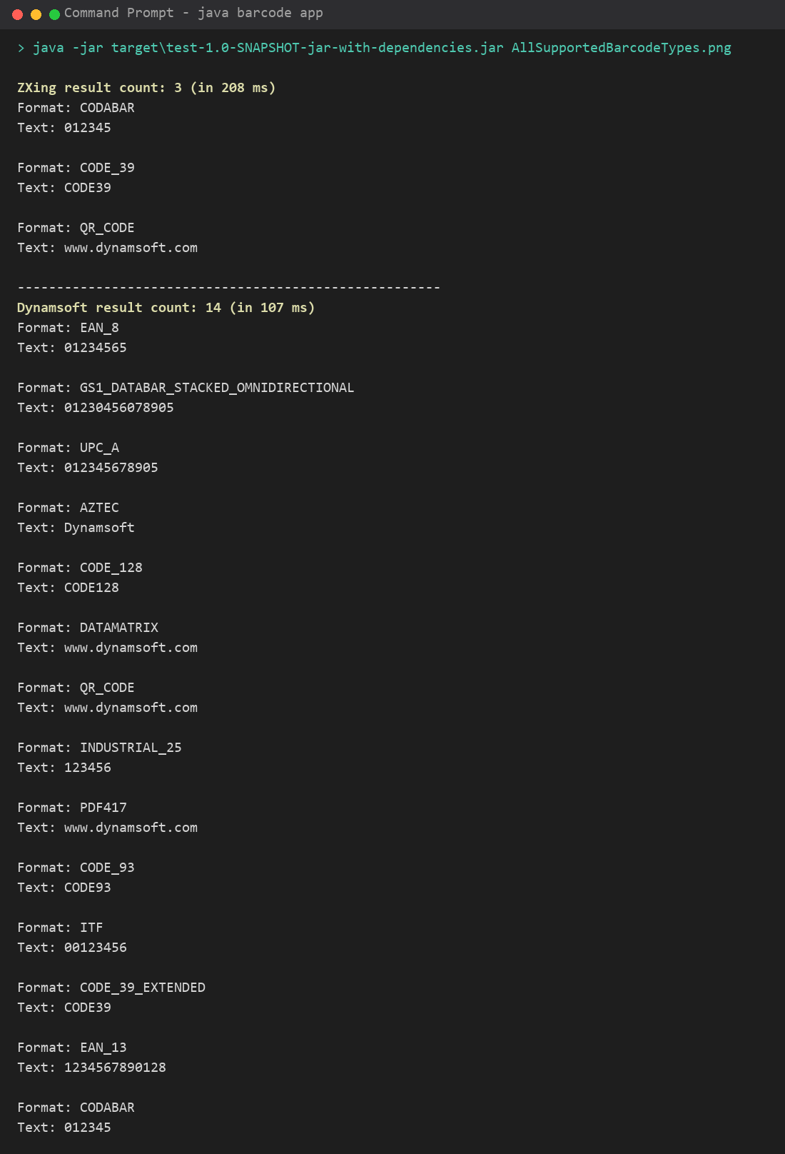 java barcode command line output