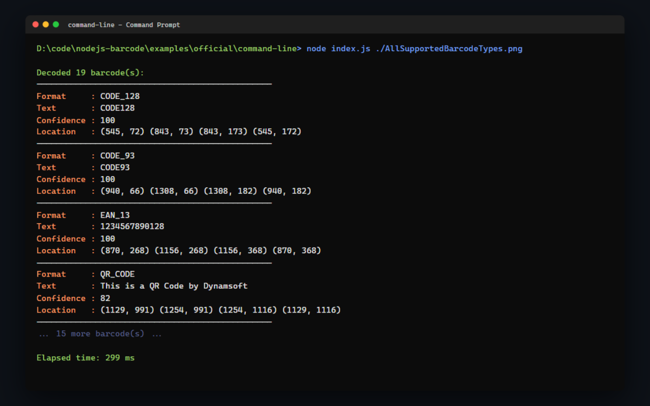 Node.js command-line barcode reader output