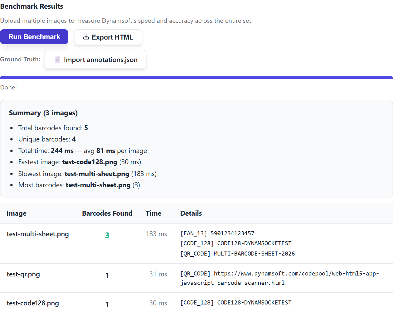 benchmark report with per-image barcode counts, detection rate, precision and timing