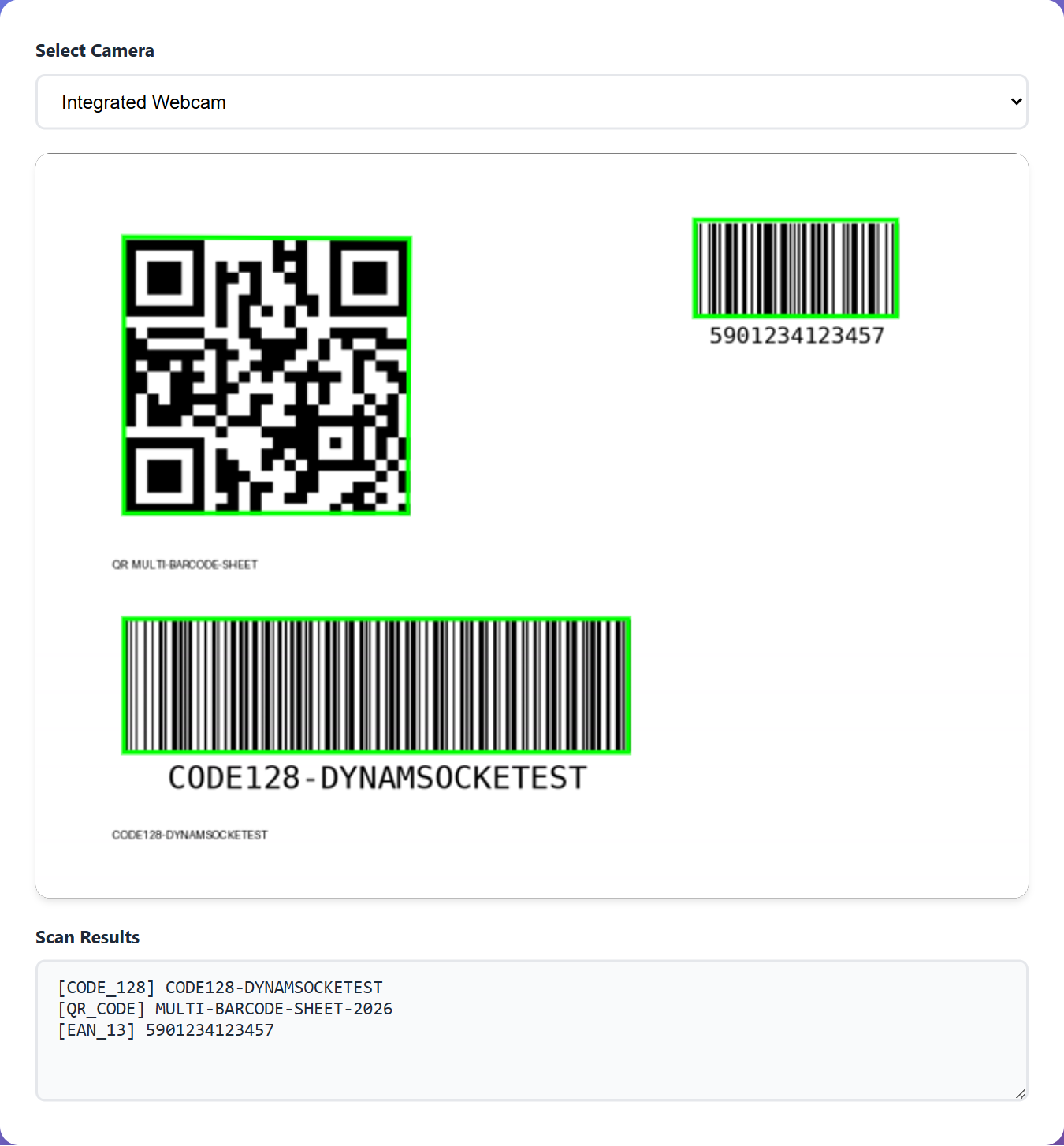 live camera barcode scanning with green bounding boxes and accumulated scan results