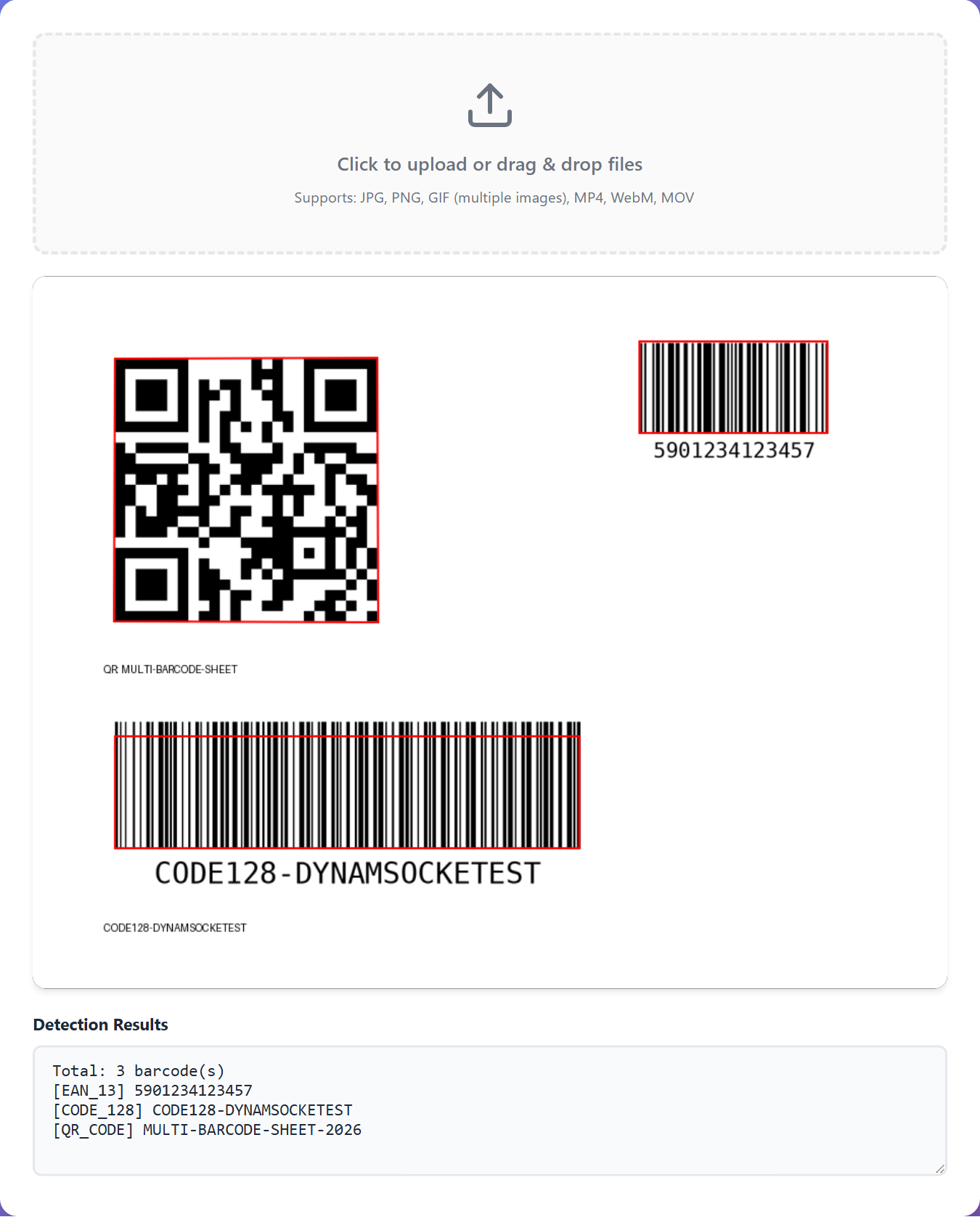 online barcode scanner scanning a multi-barcode sheet with bounding boxes and results