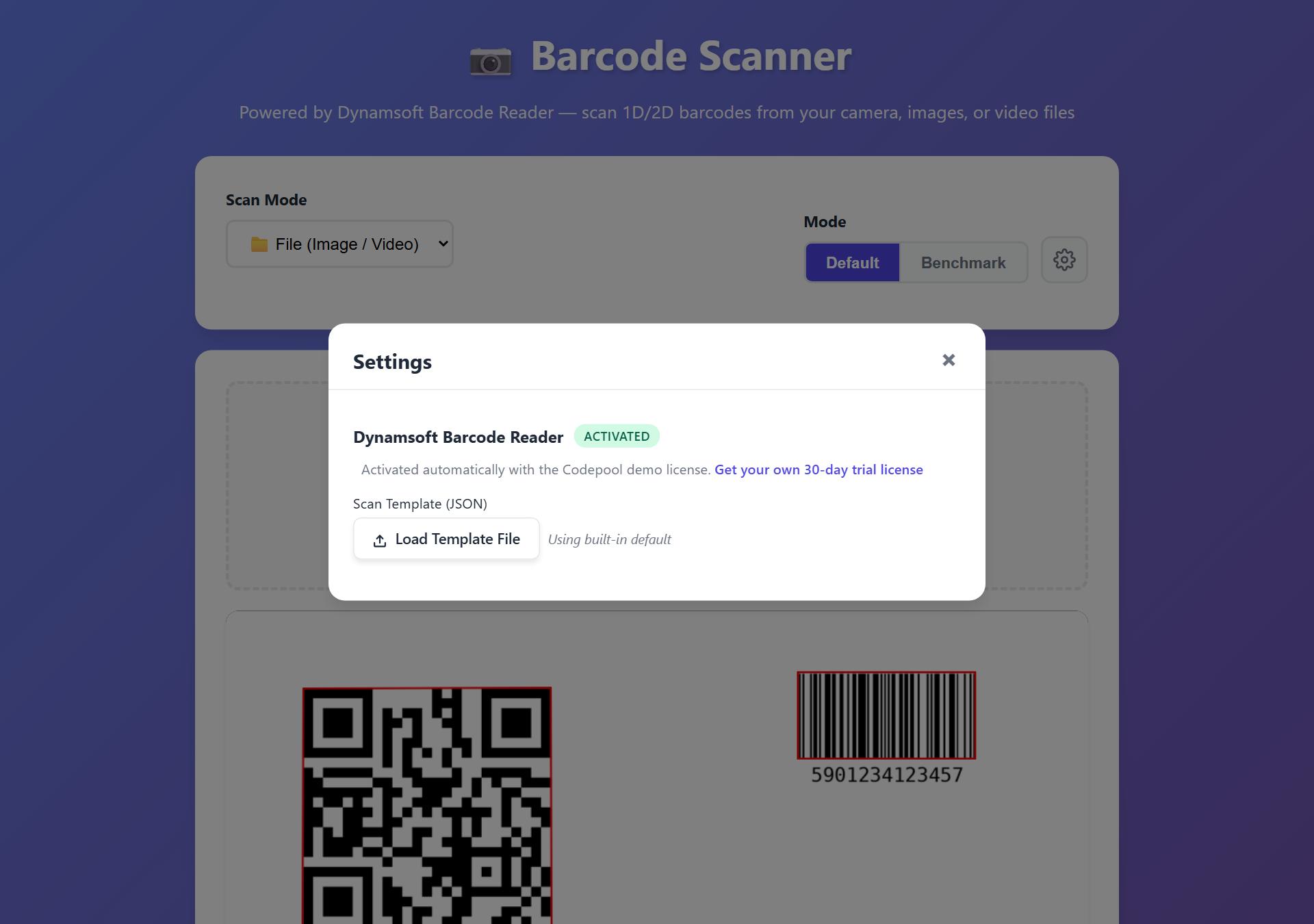 settings dialog showing the activated SDK badge and scan template loader