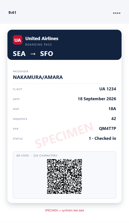 The same payload rendered as a mobile wallet pass with a QR Code