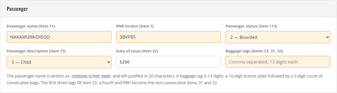 The Passenger card after Randomise: the fields whose value changed carry an orange wash, the untouched ones stay plain