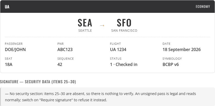The parsed result: passenger DOE/JOHN, SEA to SFO on UA 1234, seat 18A, with all structural checks passing