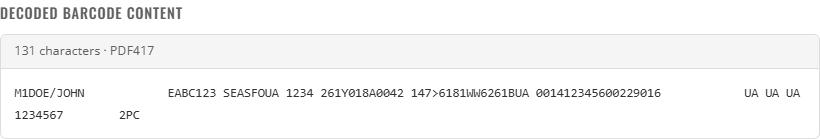 The decoded barcode content, with a character count and the symbology it arrived in