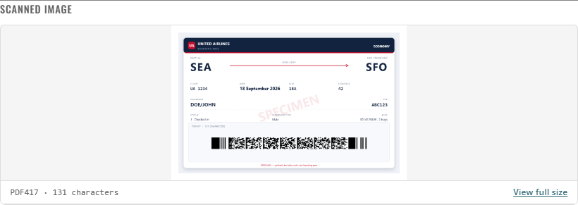 The scanned image above the parsed fields, with the symbology and payload length and a full-size toggle