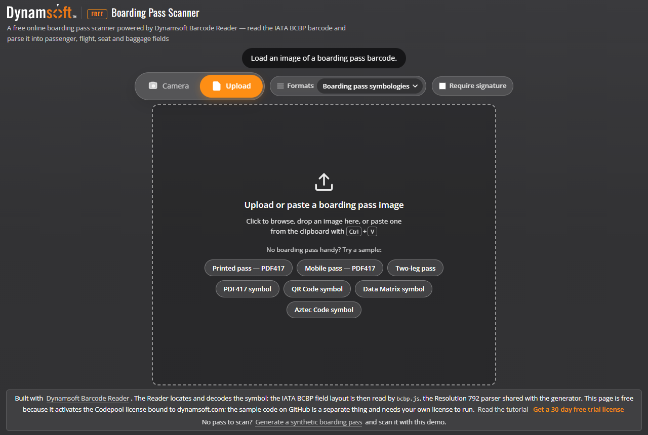 Upload mode: browse, drop or paste an image, or load one of the generated samples