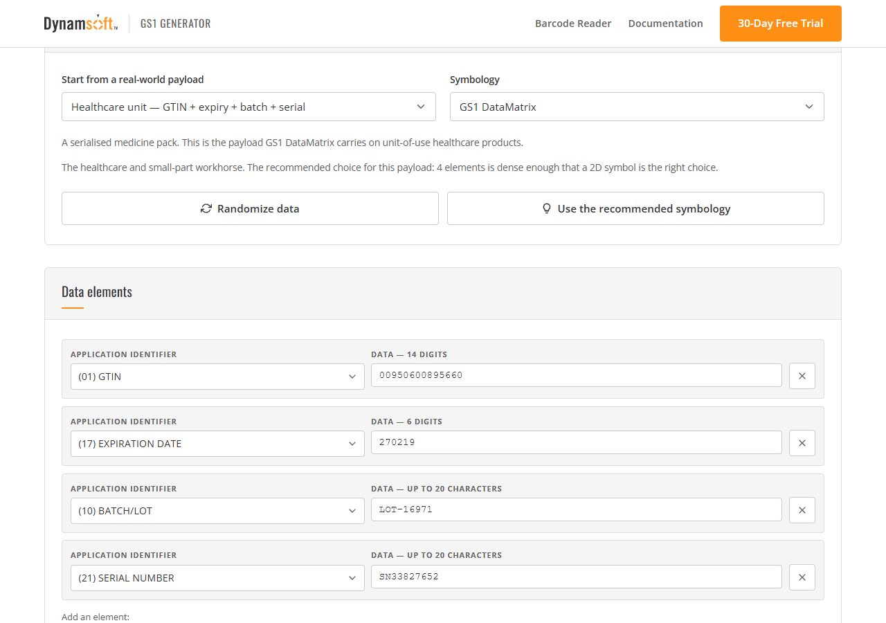 Choosing a scenario in the GS1 generator