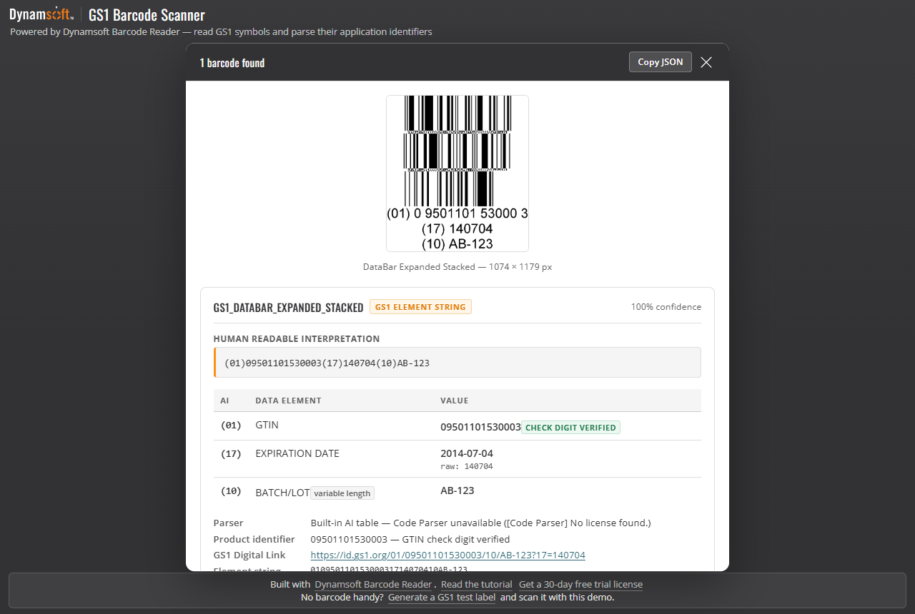 GS1 scan result with the parsed application identifiers