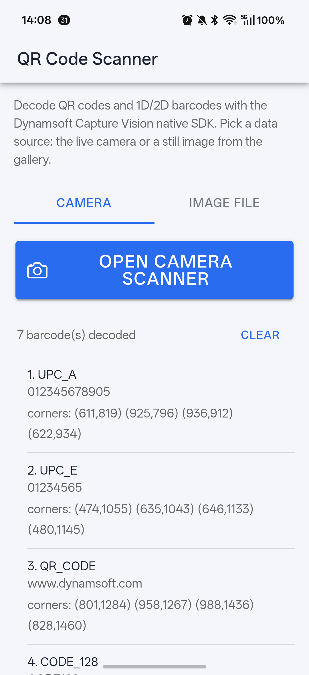 Decoded list on a real device — UPC-A, UPC-E, QR Code (www.dynamsoft.com) and Code 128 captured in a single multi-format frame