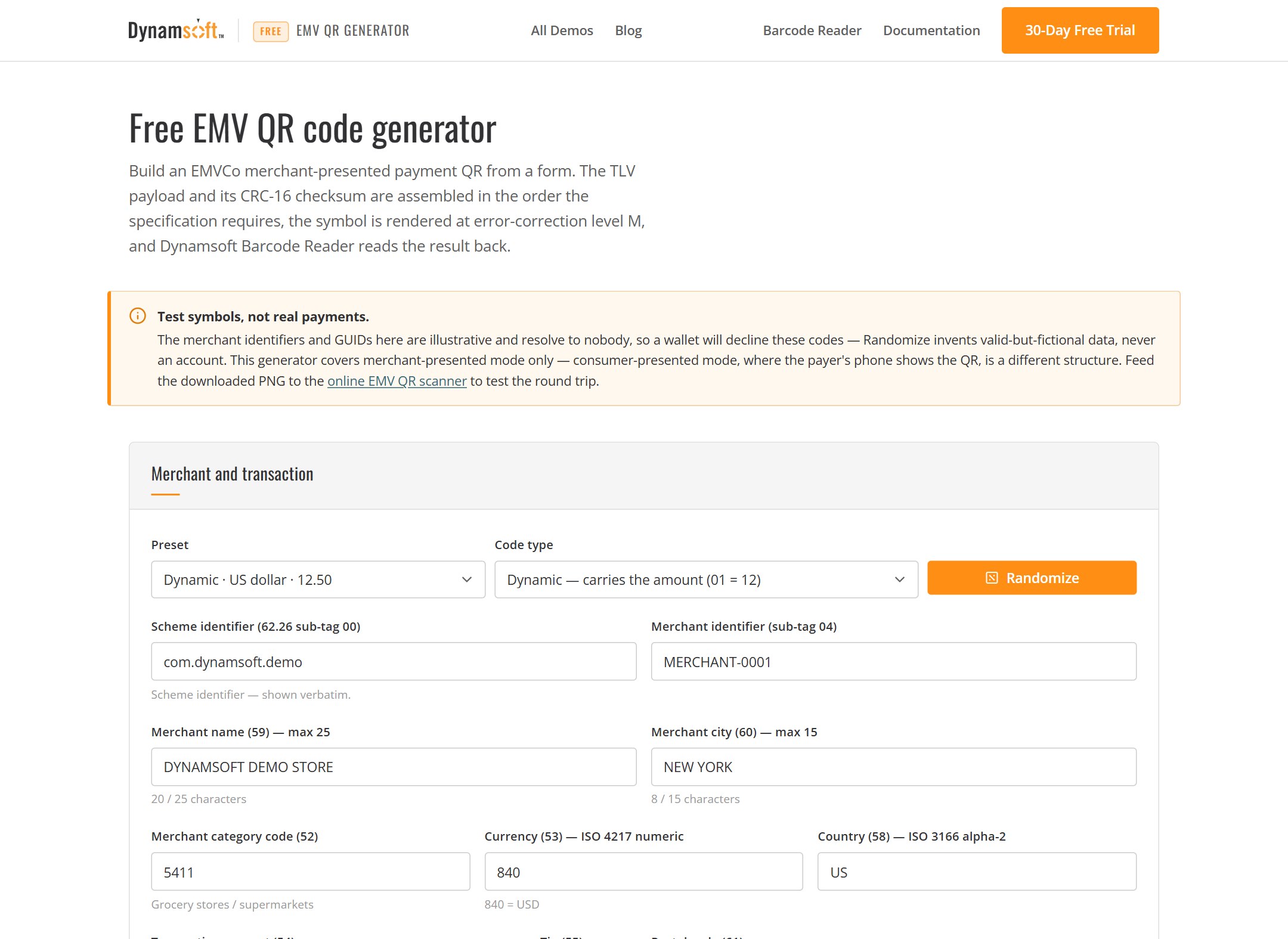the generator form: preset, randomized merchant fields with live character counters and currency lookup, the rendered QR at error-correction level M, and the verification strip beneath it