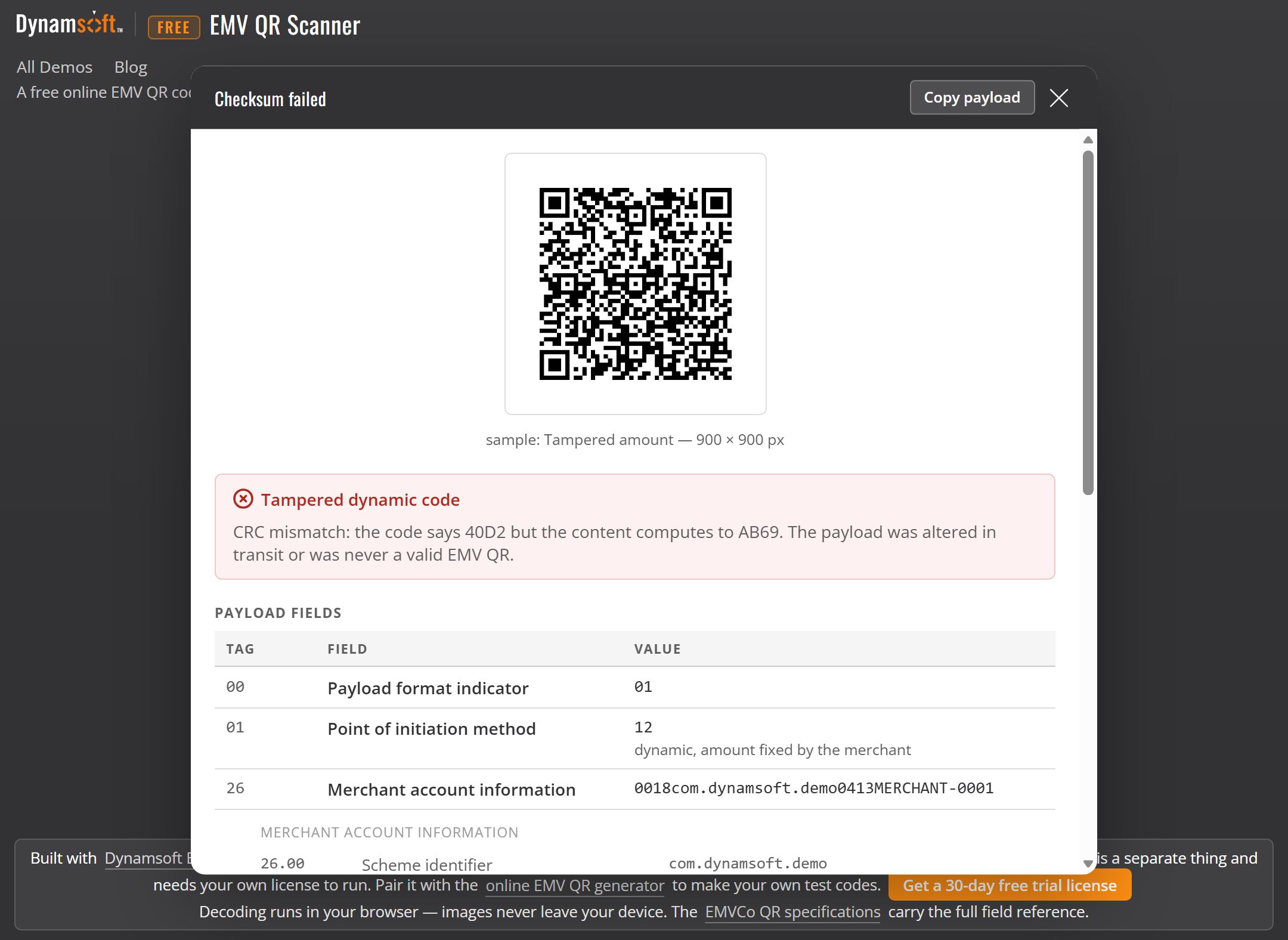 the scanner's result for the tampered sample: the scanned 900 × 900 px symbol, a red verdict banner reading "Tampered dynamic code — CRC mismatch: the code says 40D2 but the content computes to AB69", and the start of the field table it refuses to vouch for