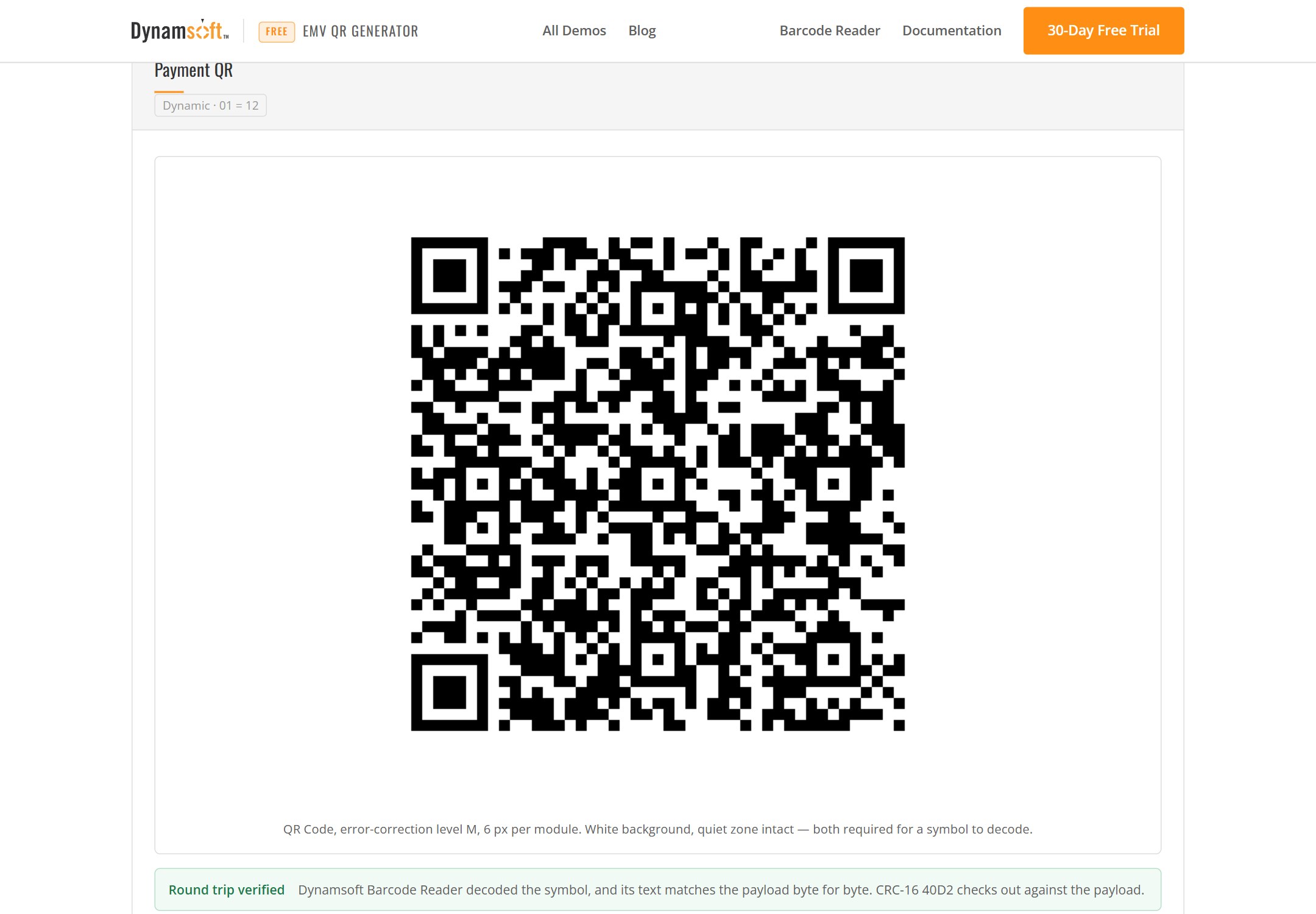 the verification strip below the rendered symbol: "Round trip verified — Dynamsoft Barcode Reader decoded the symbol, and its text matches the payload byte for byte. CRC-16 40D2 checks out against the payload."