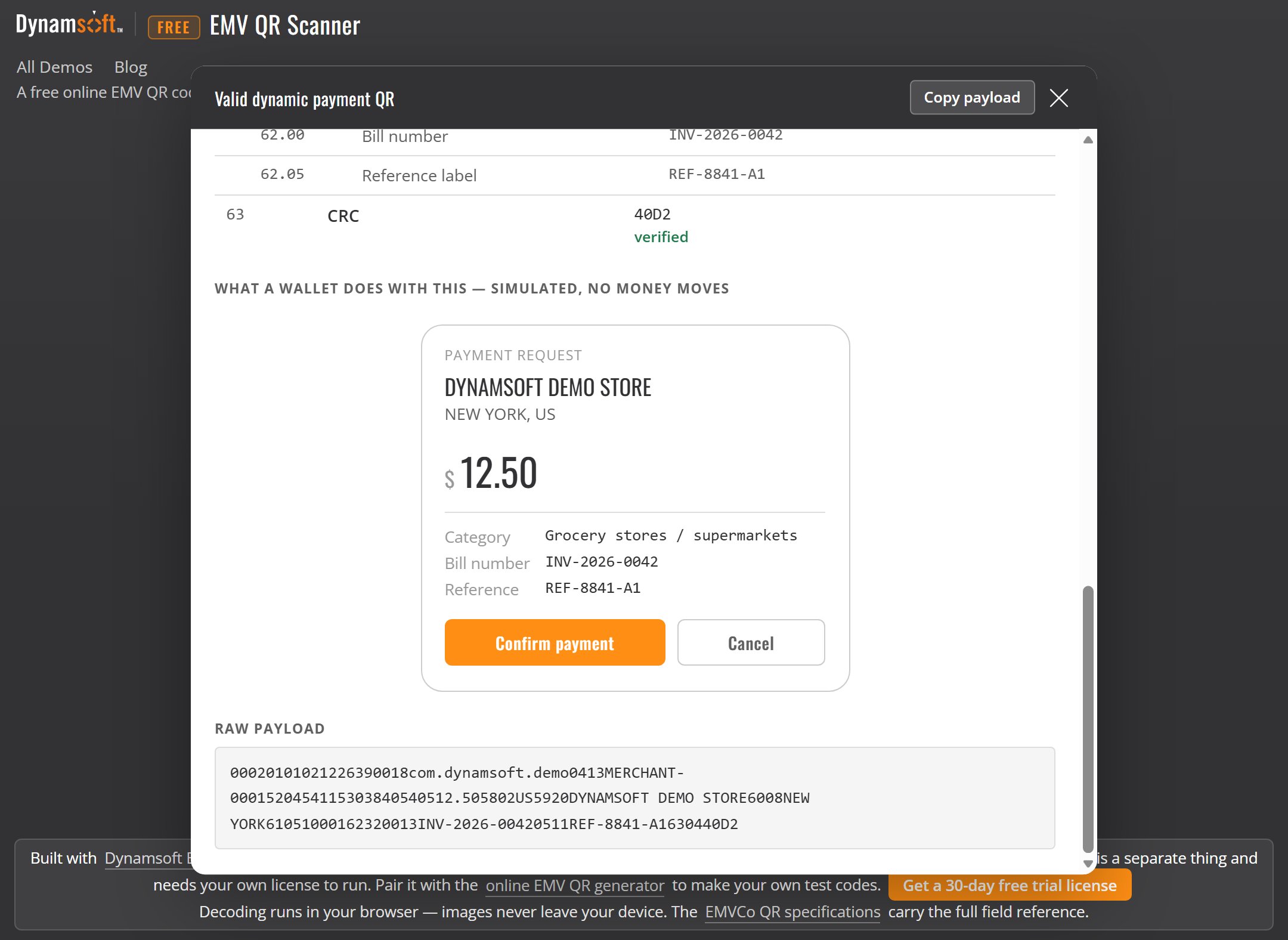 the simulated wallet in the scanner's result panel: a payment request card for DYNAMSOFT DEMO STORE in NEW YORK, US, for $12.50, with the CRC verdict and the parsed field table above it, and Confirm payment / Cancel buttons