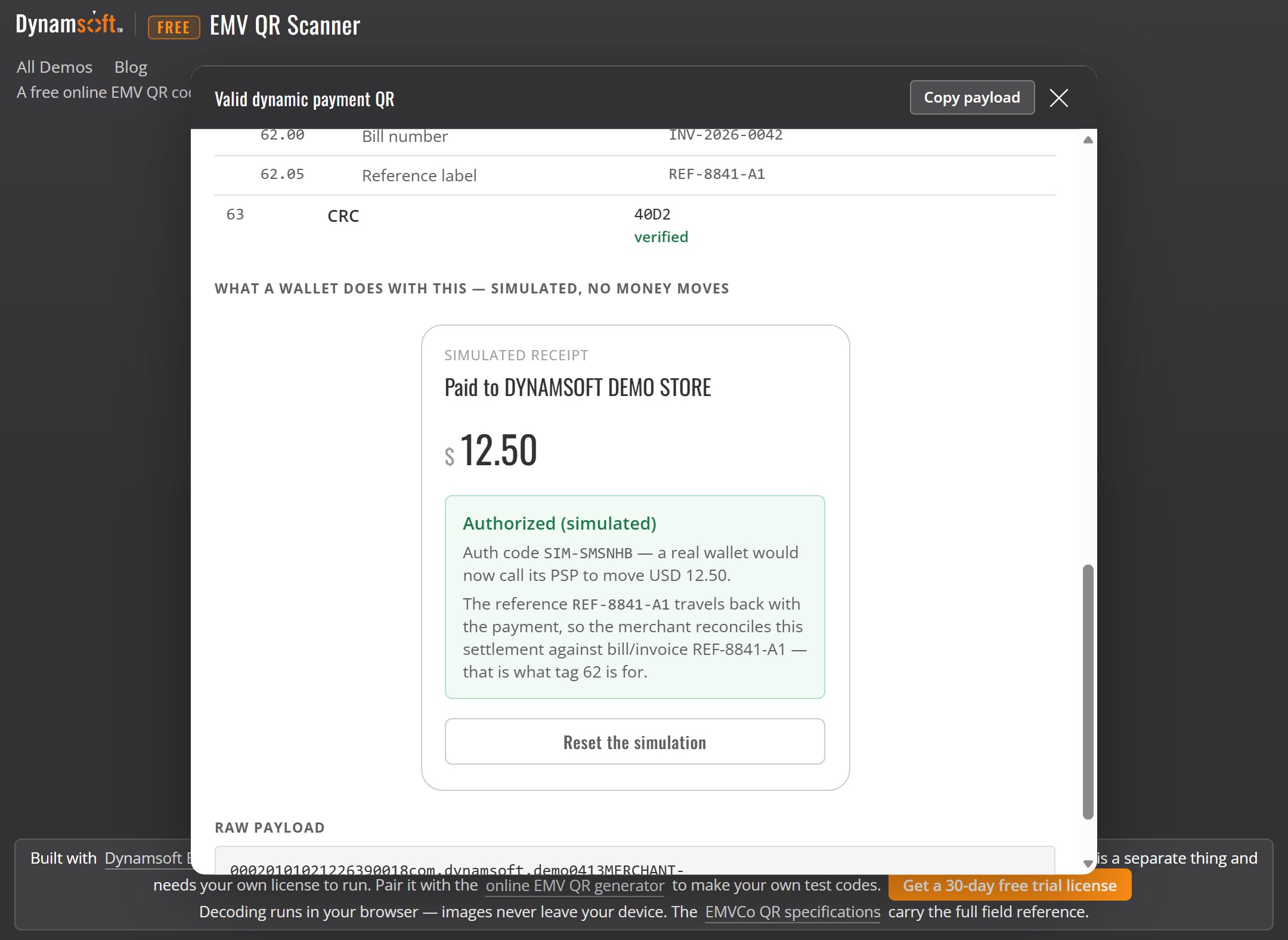 the simulated receipt: authorized (simulated), auth code SIM-SMSNHB, and an explanation that the reference REF-8841-A1 travels back to the merchant so the settlement can be reconciled against the bill