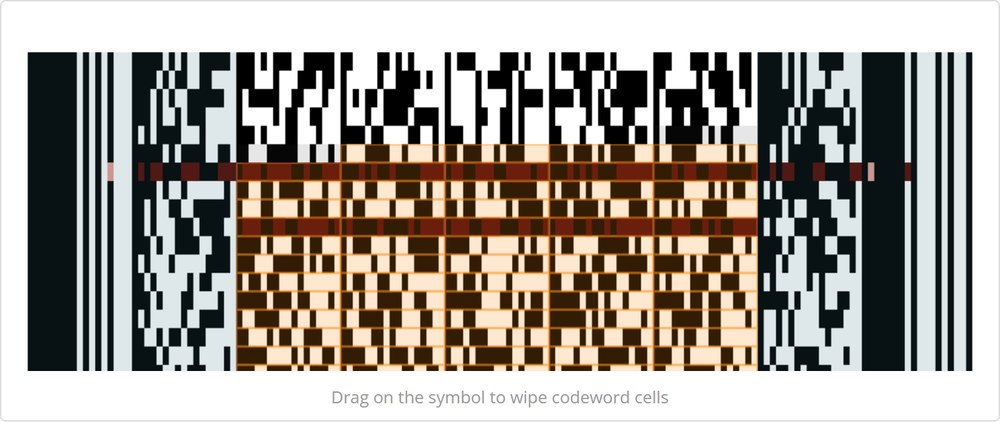 the structure view at level 5: white cells are payload, grey are padding, orange are parity, and two horizontal scratches show in red
