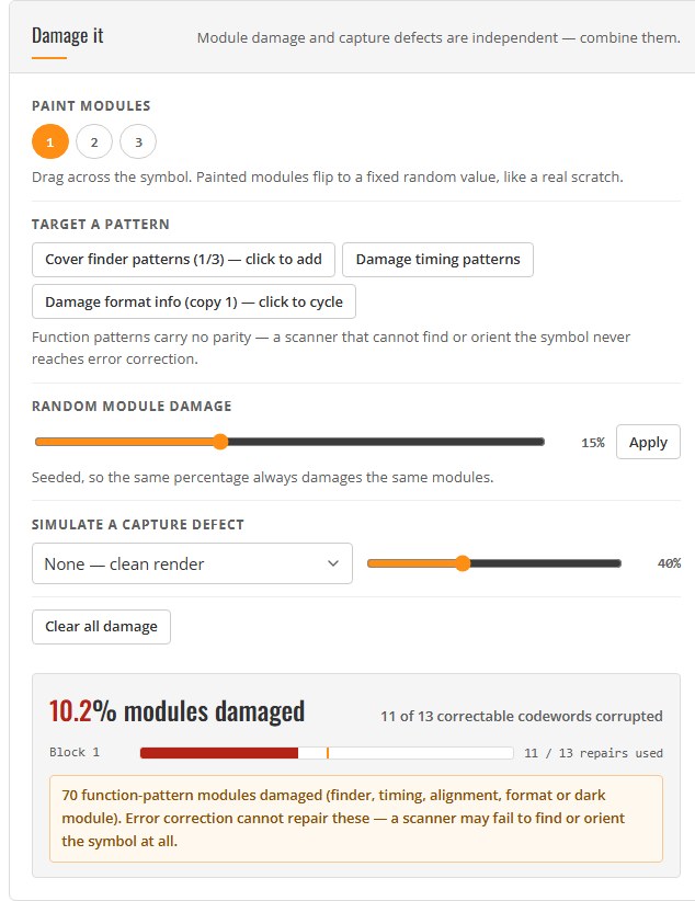damage tools with the Reed-Solomon budget meter and a function-pattern warning