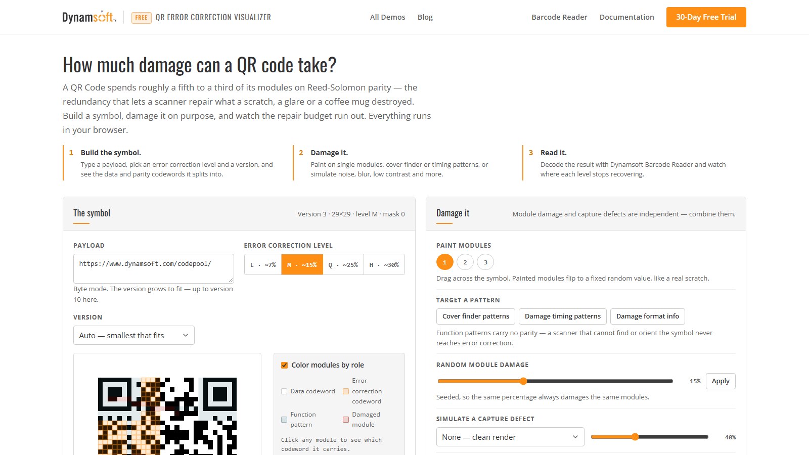 the QR error correction visualizer: a damaged level-M symbol with the Reed-Solomon budget meter beside the damage tools
