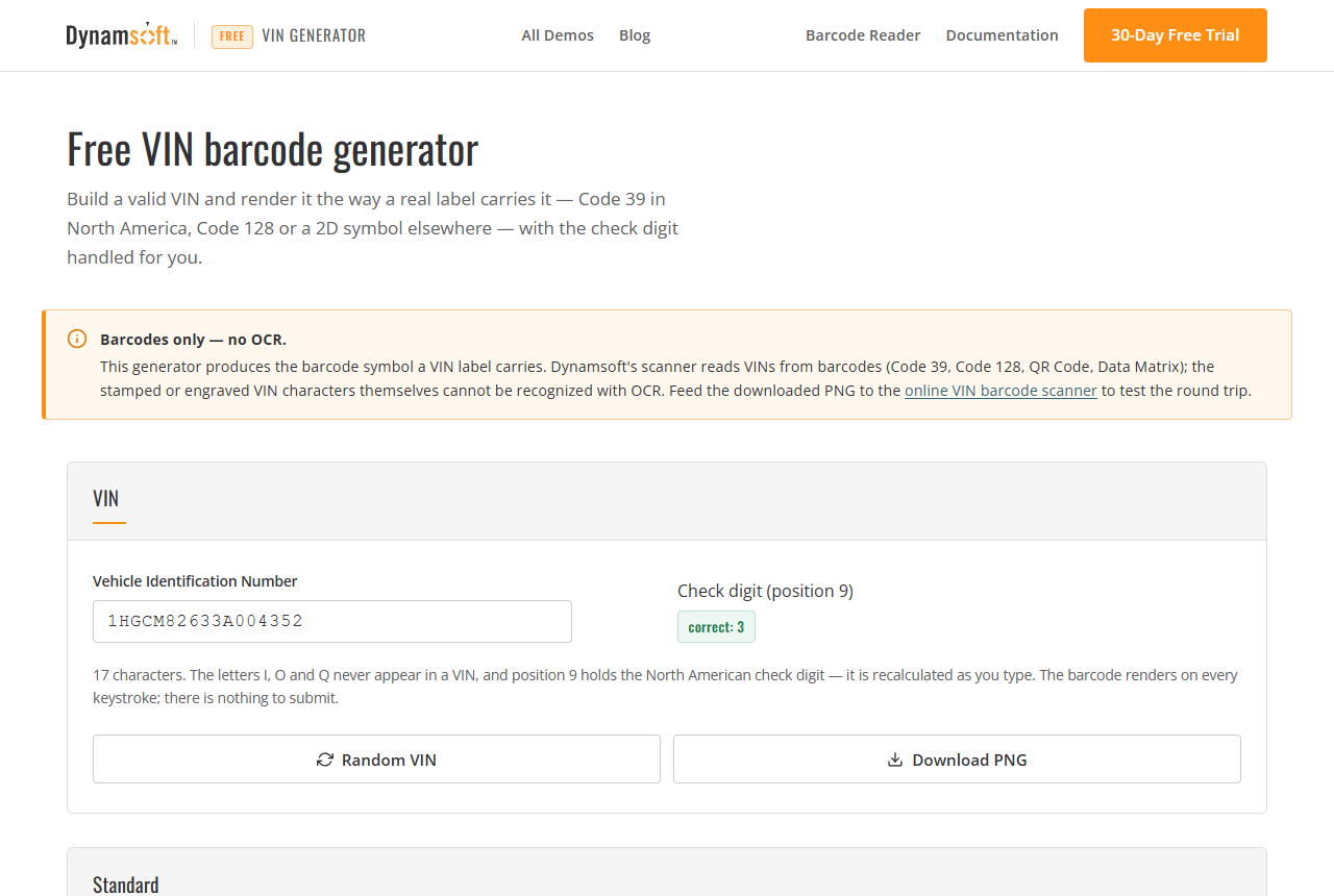 The VIN barcode generator opening state: a valid Honda VIN rendered as Code 39 with the check digit marked correct