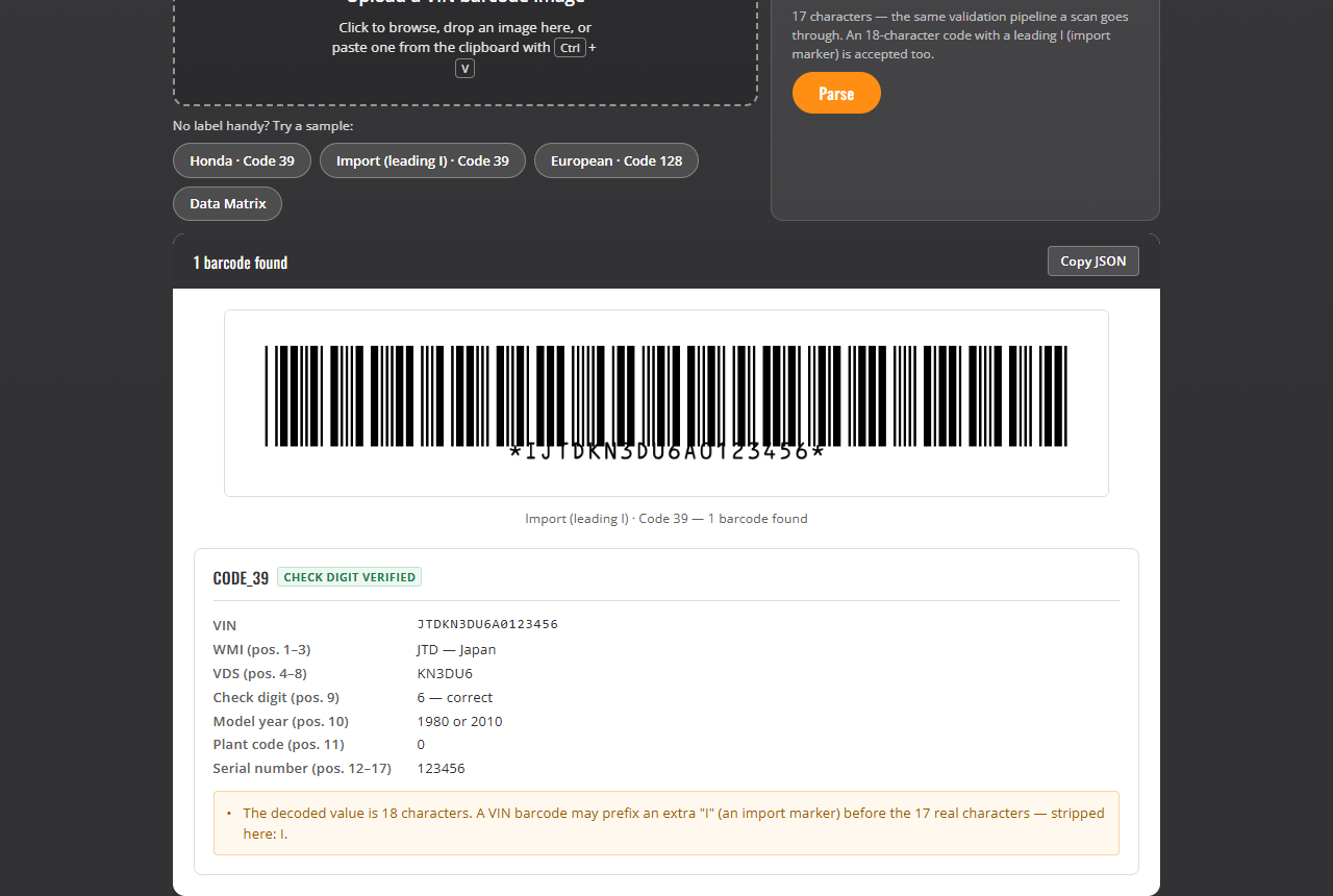 The scanner decoded the 18-character import form and reports the stripped leading I
