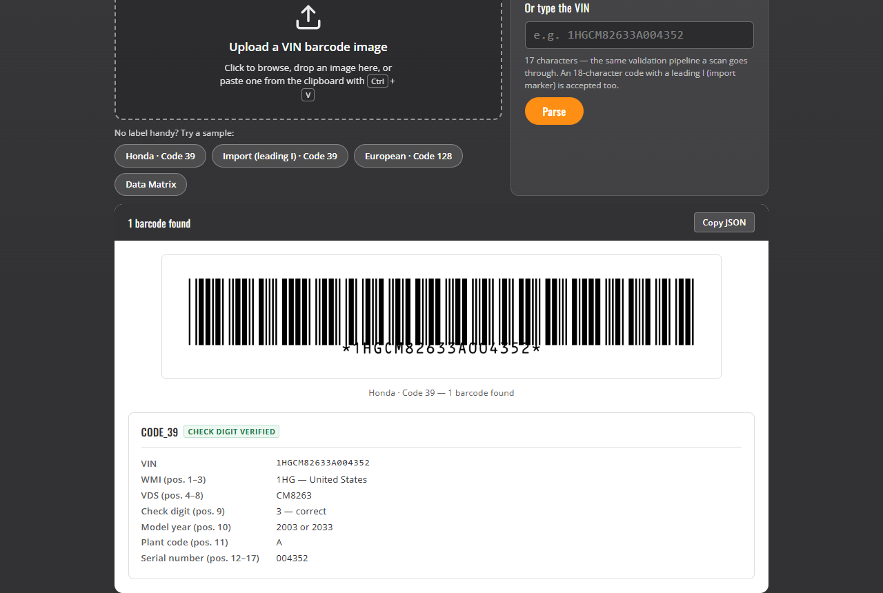 The scanner result card: source image preview, check digit verified, WMI, model year and plant code