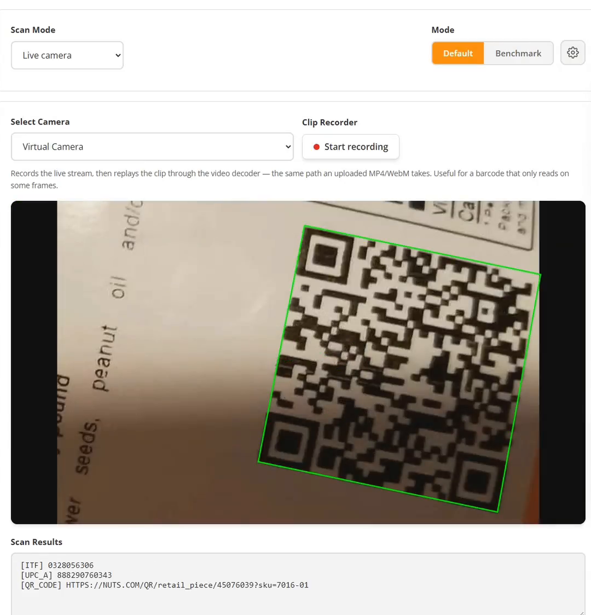 The Codepool barcode scanner reading a label through "Virtual Camera": the page draws the decode box and lists the symbols it has decoded so far